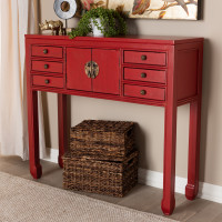 Baxton Studio MIN22-Red-ST Melodie Classic and Antique Red Finished Wood Bronze Finished Accents 6-Drawer Console Table